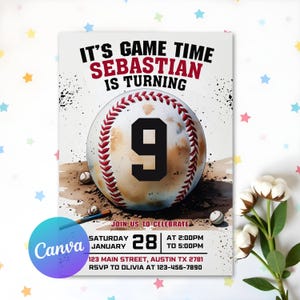 Op de afbeelding: Verjaardagsuitnodiging met een honkbalthema. Het ontwerp toont een honkbal met het nummer 9 en de tekst "It's Game Time Sebastian is Turning." De uitnodiging bevat evenementdetails: datum, tijd en locatie. Het ontwerp heeft een aquareleffect.