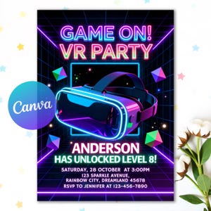 Może przedstawiać: Neonowe zaproszenie na imprezę VR z zestawem słuchawkowym wirtualnej rzeczywistości. Zaproszenie zawiera tekst "GAME ON! VR PARTY" i "ANDERSON HAS UNLOCKED LEVEL 8!" ze szczegółami wydarzenia. Projekt zawiera geometryczne kształty i logo Canva.