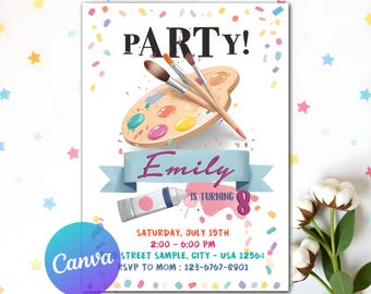 May include: A colorful birthday party invitation with a paint palette and paintbrushes. The text reads "PARTY!" and "Emily is turning 8". The invitation includes the date, time, and RSVP information.