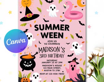 Summerween Birthday Invitation, Ghost Pool Party Invite, Digital Download, Spooky Summer Celebration, Editable Template, Instant Download