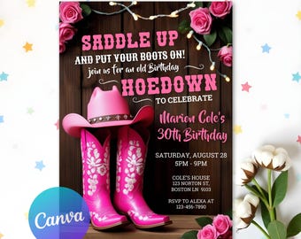 Editable Pink Hoedown Birthday Party Invitation, Western Cowgirl Party, Cowgirl Birthday Invite, Country Floral Boots, Printable Template