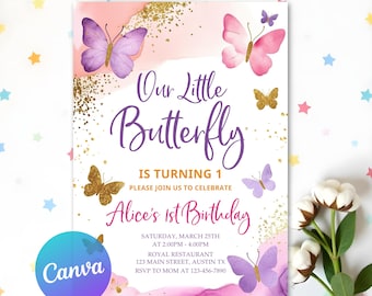 Schmetterling-Geburtstags-Einladung, Mädchen-Schmetterling-Party, lila Schmetterling-Geburtstag einladen, erste Geburtstags-Einladung, EDITIERBARE Sofort-Download