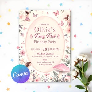 Fairy First Birthday Invitation Girl, Enchanted Garden Fairy Invitation, Fairy 1st Birthday Invite, Whimsical 1st Birthday, Instant Download