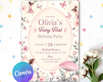 Fairy First Birthday Invitation Girl, Enchanted Garden Fairy Invitation, Fairy 1st Birthday Invite, Whimsical 1st Birthday, Instant Download