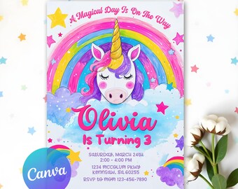 Editable Unicorn Birthday Invitation, Unicorn Party, Magical Birthday, Rainbow Unicorn Birthday Invite, Girls Invitation, Canva Template