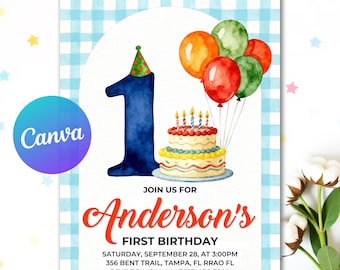 Blue Gingham First Birthday Invitation, Editable 1st Birthday Party Invite, Boy First Birthday, Instant Digital Download