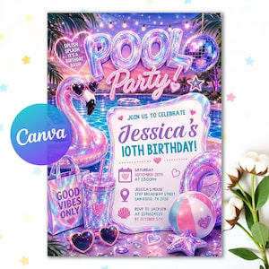Invitation d'anniversaire holographique modifiable pour une fête à la piscine, invitation d'anniversaire d'été pour fille, invitation d'anniversaire à paillettes pastel pour une baignade, modèle Canva