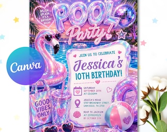 Bearbeitbare holografische Einladung zur Poolparty-Geburtstagsfeier, Sommergeburtstagseinladung für Mädchen, pastellfarbene Glitzer-Schwimmparty-Einladung, Canva-Vorlage