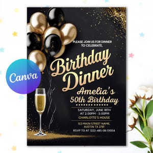 Luxury Black and Gold Birthday Party Invitation, Editable Canva Invite, Women’s 30th 40th 50th Birthday Dinner Digital, Instant Download