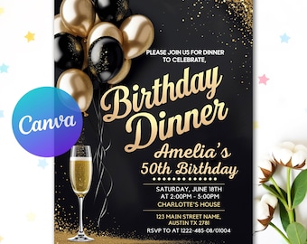 Invitación de lujo para fiesta de cumpleaños en negro y dorado, editable en Canva, para cena digital de cumpleaños número 30, 40 y 50 para mujeres, descarga instantánea