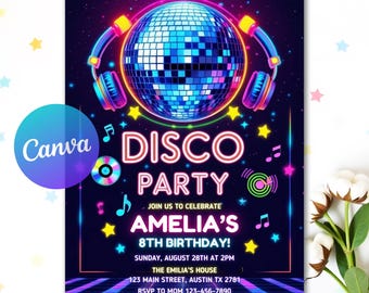 Editable Disco Party Invitation, Neon Glow Disco Dance Party Invitation, Neon Glow Disco Party, Neon Disco Dance Party, Instant Download