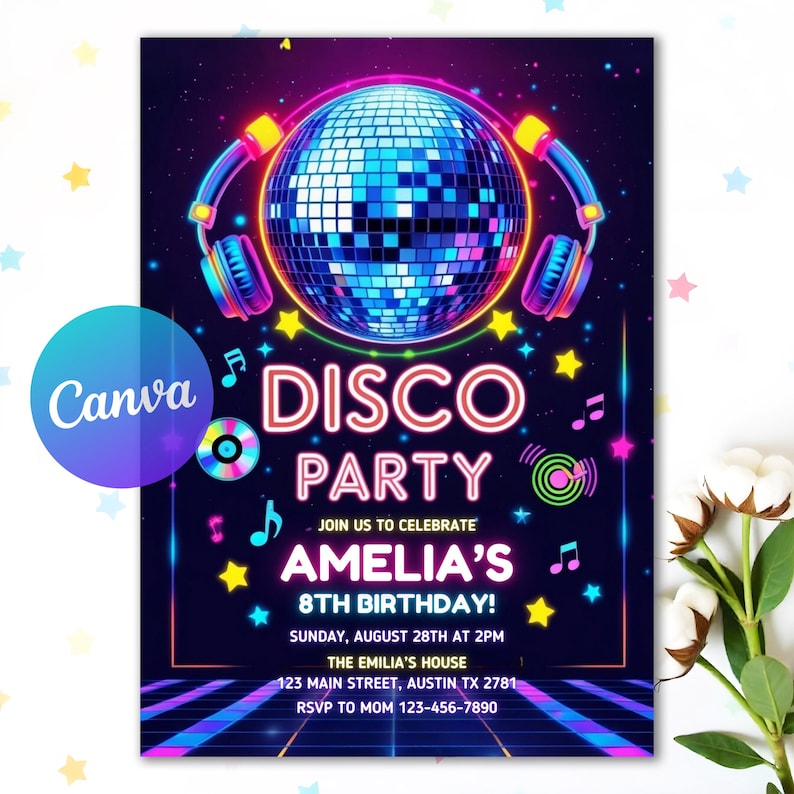 Editable Disco Party Invitation, Neon Glow Disco Dance Party Invitation ...