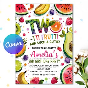 Two-tti Frutti Birthday Invitation, Two-tti Frutti 2nd Birthday Invite, Fruit Party Invitation, Two-tti Frutti Invites, Canva Template