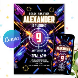 May include: A birthday party invitation with a black background, featuring toy blasters, and the text "READY, AIM, FIRE!" and "ALEXANDER IS TURNING 9". The invitation includes event details and a phone displaying the same design.