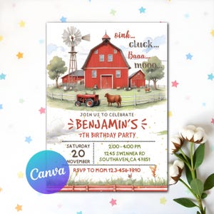 Editable Farm Birthday Invitation Template, Farm Animals Birthday Invitation, Barnyard Invitation, Barn Animals Party, Farm Party Invitation
