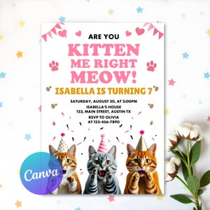 Editable Cat Birthday Invitation, Cat Theme Birthday Invitation, Are You Kitten Me Birthday, Paw-ty Birthday Invite, Digital Template