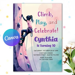 Peut inclure: Une invitation d'anniversaire avec une illustration à l'aquarelle d'une personne grimpant un mur d'escalade. L'invitation comprend le texte "Climb, Play, and Celebrate! Cynthia Is Turning 10" avec les détails de l'événement et les informations RSVP.