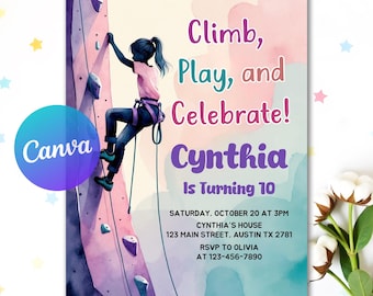 May include: A birthday party invitation featuring a watercolor illustration of a person climbing a rock wall. The invitation includes the text "Climb, Play, and Celebrate! Cynthia Is Turning 10" with event details and RSVP information.