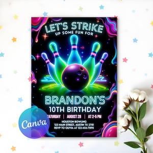 Invito di compleanno modificabile per bowling, invito per bowling luminoso, festa al neon, invito per bowling per ragazzi, divertiti un po', Canva modificabile