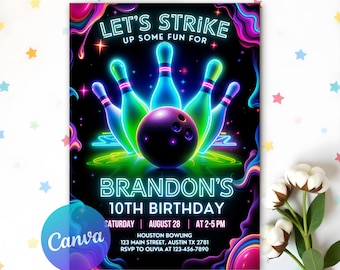 Invitación de cumpleaños editable de bolos, invitación de bolos con brillo, fiesta con brillo neón, invitación de bolos para niños, ¡diviértete!, Canva editable
