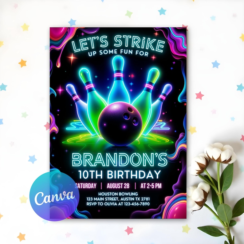Może przedstawiać: Neonowe zaproszenie na przyjęcie urodzinowe z bowlingiem na czarnym tle z piłką do kręgli i szpilkami w środku. Tekst brzmi "Let's Strike Up Some Fun For Brandon's 10th Birthday".