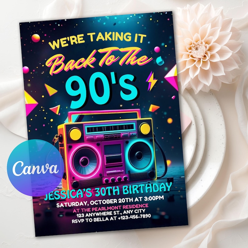 Digital Invitation, animated invitation, party invitation, dinner party invite, DIY Canva Template, birthday celebration, birthday dinner, Event party invite, video invitation, 90s theme party, Nineties Party Evite, Throwback Bday Party, vintage invite