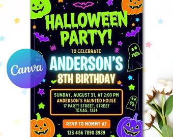 Neon Halloween Party Invite, Spooktacular Costume Party Neon Invitation, Halloween DIY Kids Cute Invite, Halloween Invitation Printable