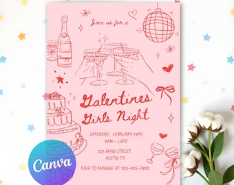 Galentine's Day Invite, Editable Valentine's Party Invitation Template, Galentine Girls Night Hand Drawn Coquette Invite, Digital Printable