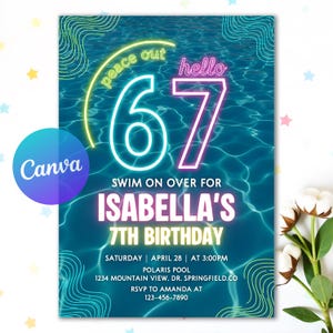 May include: A birthday party invitation with a blue water background. The invitation features the text "peace out 67 hello" and "Swim on over for Isabella's 7th Birthday". Additional details include the date, time, and location.