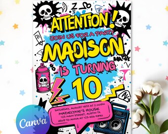 Invitación para fiesta de cumpleaños con grafiti, invitación para pared grunge, invitación para arte callejero, invitación con pintura en aerosol, invitación para fiesta de dibujo de grafiti, Canva editable