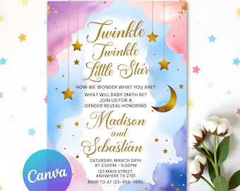 May include: A gender reveal invitation with a watercolor background in shades of blue, pink, and purple. Gold stars and a crescent moon accent the text "Twinkle Twinkle Little Star." The invitation is for Madison and Sebastian.