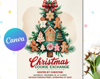 Christmas Cookie Decorating Party Invitation, Holiday Party Invite, Cookie Party Gingerbread, Editable Canva Template