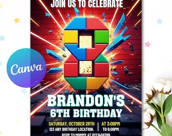 8th Birthday Invitation Template, Editable Boy Birthday Invite, 8th Birthday, Building Blocks, Editable Invitation, Digital Download