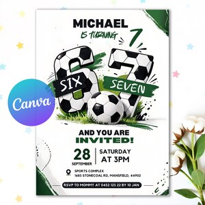 Editable Six Seven Soccer Birthday Invitation, Kids Soccer Invite, Sports Theme, I was 6 now I'm 7 Party Invite, 6 7 Meme, Canva Template