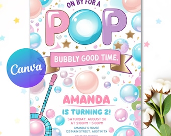 Bubble Birthday Invitation, Second Birthday Invite Bubbles, Pastel 2 Year Old Girl Birthday Invite, Girls Birthday Invitation Canva Template