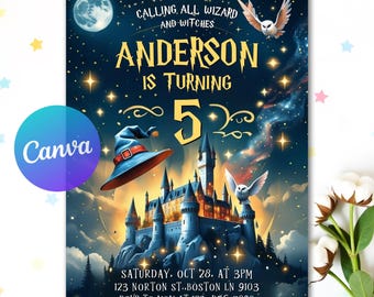 Wizards Witches Birthday Invitation, Wizardry Birthday Party Invitation, Magical School Printable Wizard, Editable Canva Template