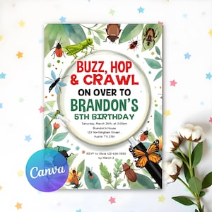 May include: A colourful invitation for a 5th birthday party with a bug theme. The invitation features a magnifying glass with the text "Buzz, Hop & Crawl On Over To Brandon's 5th Birthday". The invitation also includes a variety of bugs, including butterflies, ladybugs and beetles.