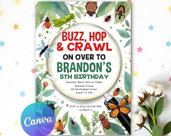 May include: A colorful invitation for a 5th birthday party with a bug theme. The invitation features a magnifying glass with the text "Buzz, Hop & Crawl On Over To Brandon's 5th Birthday". The invitation also includes a variety of bugs, including butterflies, ladybugs, and beetles.