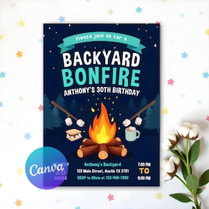 Hinterhof Lagerfeuer Einladung, Hinterhof Grillen, Party im Freien, Camping Einladung, Smores Einladung, Einladung Lagerfeuer im Freien, bearbeitbare Canva