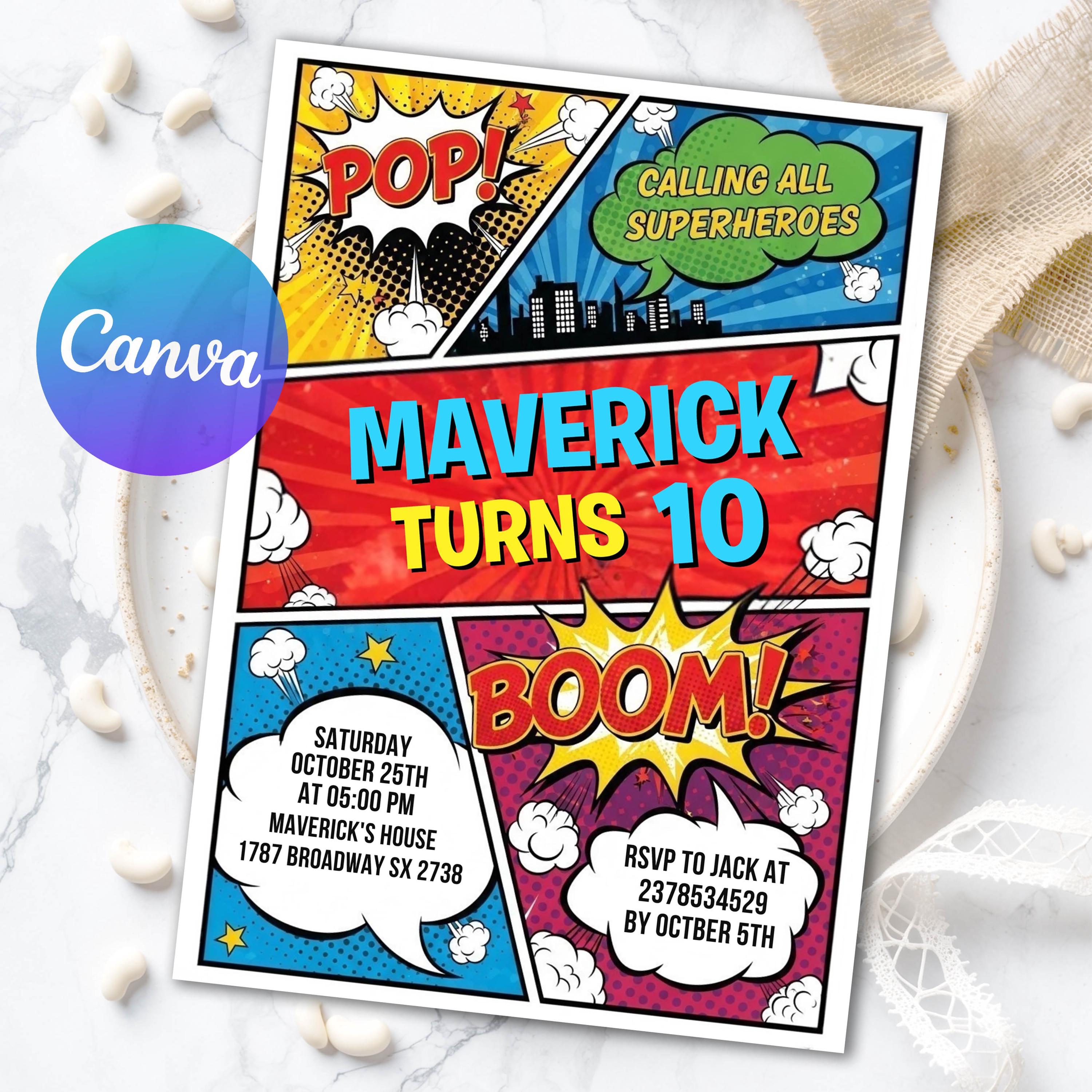 Editable Superhero Birthday Invitation, Comic Book Birthday Invitation ...