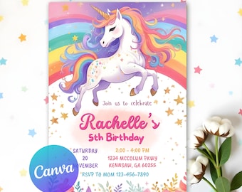 Unicorn Rainbow Girl’s Birthday Party Digital Invitation Template, Unicorn Birthday Invitation, Pastel Rainbow Party Invite, Canva Template