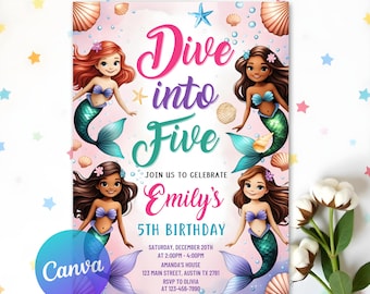 Dive into Five 5th Birthday, Mermaid Invitation, Under The Sea Invite, Mermaid Bash Under The Sea Birthday Invite, Canva Template