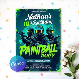 Può includere: Un invito a una festa di compleanno verde e nero per un 10° compleanno. L'invito ha un tema di paintball con tre persone che indossano l'attrezzatura da paintball e tengono pistole da paintball. Il testo sull'invito recita: "Take Aim and get ready Nathan's 10th Birthday Paintball Party Saturday, August 25, 2:00PM Northon Park 123 Main Street, Austin TX 2781 RSVP to Jennifer at 123-456-7890".
