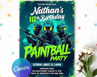 May include: A green and black birthday party invitation for a 10th birthday party. The invitation features a paintball theme with three people wearing paintball gear and holding paintball guns. The text on the invitation reads "Take Aim and get ready Nathan's 10th Birthday Paintball Party Saturday, August 25, 2:00PM Northon Park 123 Main Street, Austin TX 2781 RSVP to Jennifer at 123-456-7890".