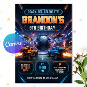 May include: A birthday invitation featuring a dark stadium background with a central soccer ball, orange and blue rocket-powered cars, and text reading READY. SET. CELEBRATE! BRANDON'S 8TH BIRTHDAY, SATURDAY OCTOBER 28TH AT 2:00 PM, 1234 TURBO LANE, ROCKET CITY, ST 54321.