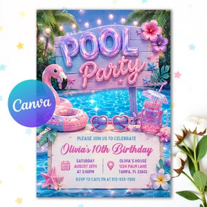 Inbjudan till födelsedagsfest med pastellglitter, holografisk poolfestinbjudan, sommarbadfestinbjudan för flickor, redigerbar canvas