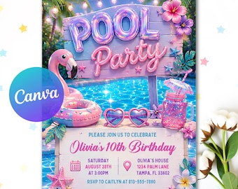 Pastel glitter zwembadfeest verjaardagsuitnodiging, holografische zwembadfeest uitnodiging, zomer zwemfeestje uitnodiging voor meisjes, bewerkbaar canvas