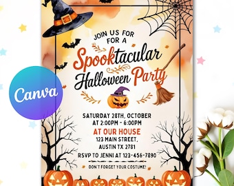 Editable Halloween Party Invitation, Spooky Pumpkin Theme, Spooktacular Ghost Party Invitation, Instant Download, Canva Template