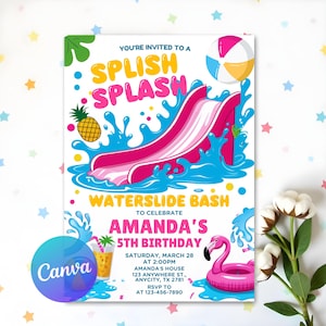 Pink Waterslide Birthday Invitation, Summer Pool Party Invite, Water Slide Party Invite, Pool Party Invitation, Editable Canva Template