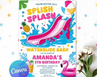 Pink Waterslide Birthday Invitation, Summer Pool Party Invite, Water Slide Party Invite, Pool Party Invitation, Editable Canva Template
